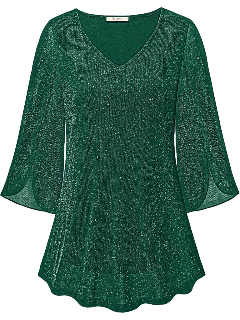 Bebonnie Women's Tops Green Ruffle 3/4 Sleeves V Neck Double Layers Mesh Blouses